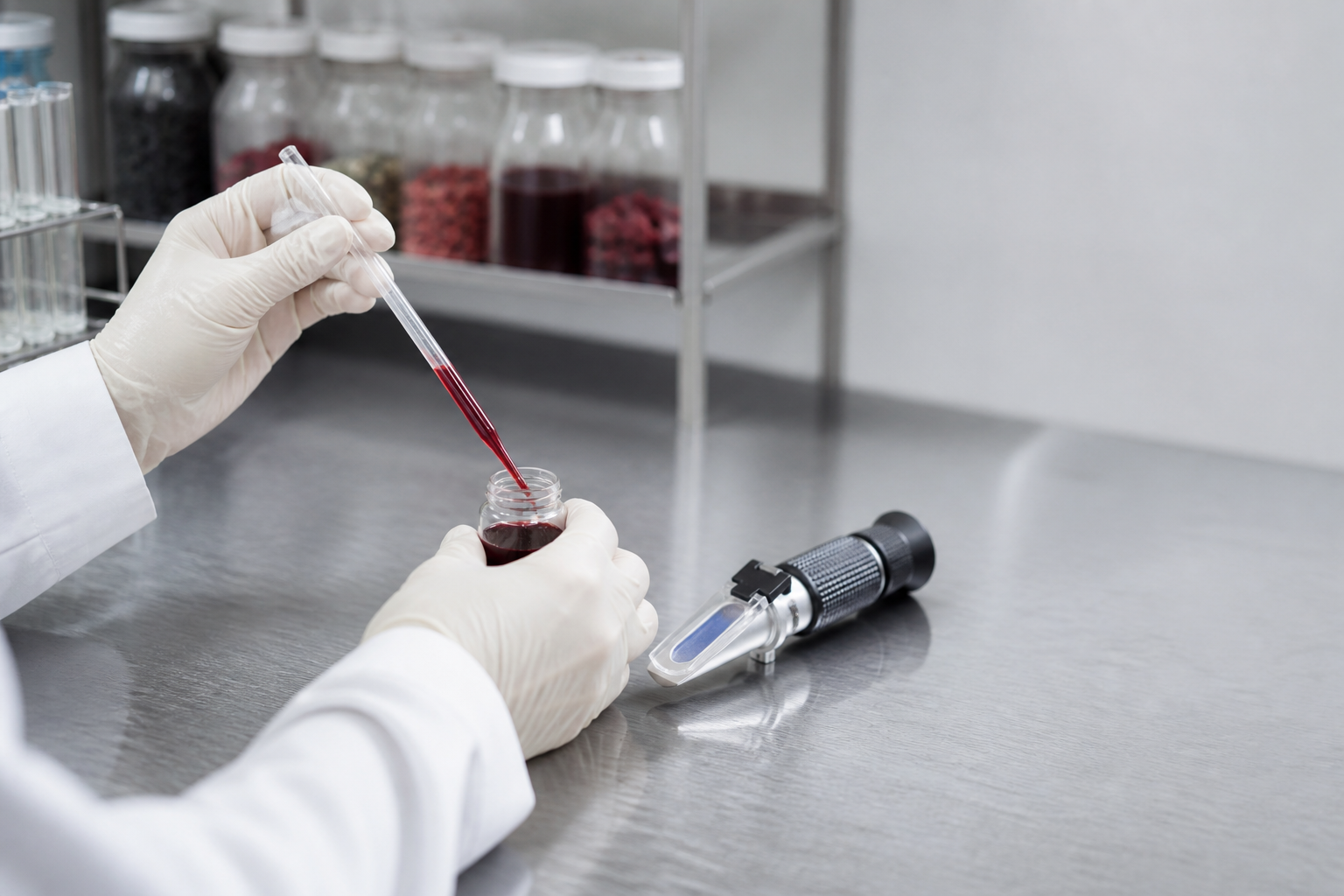 Quality specialist evaluating a fruit concentrate sample