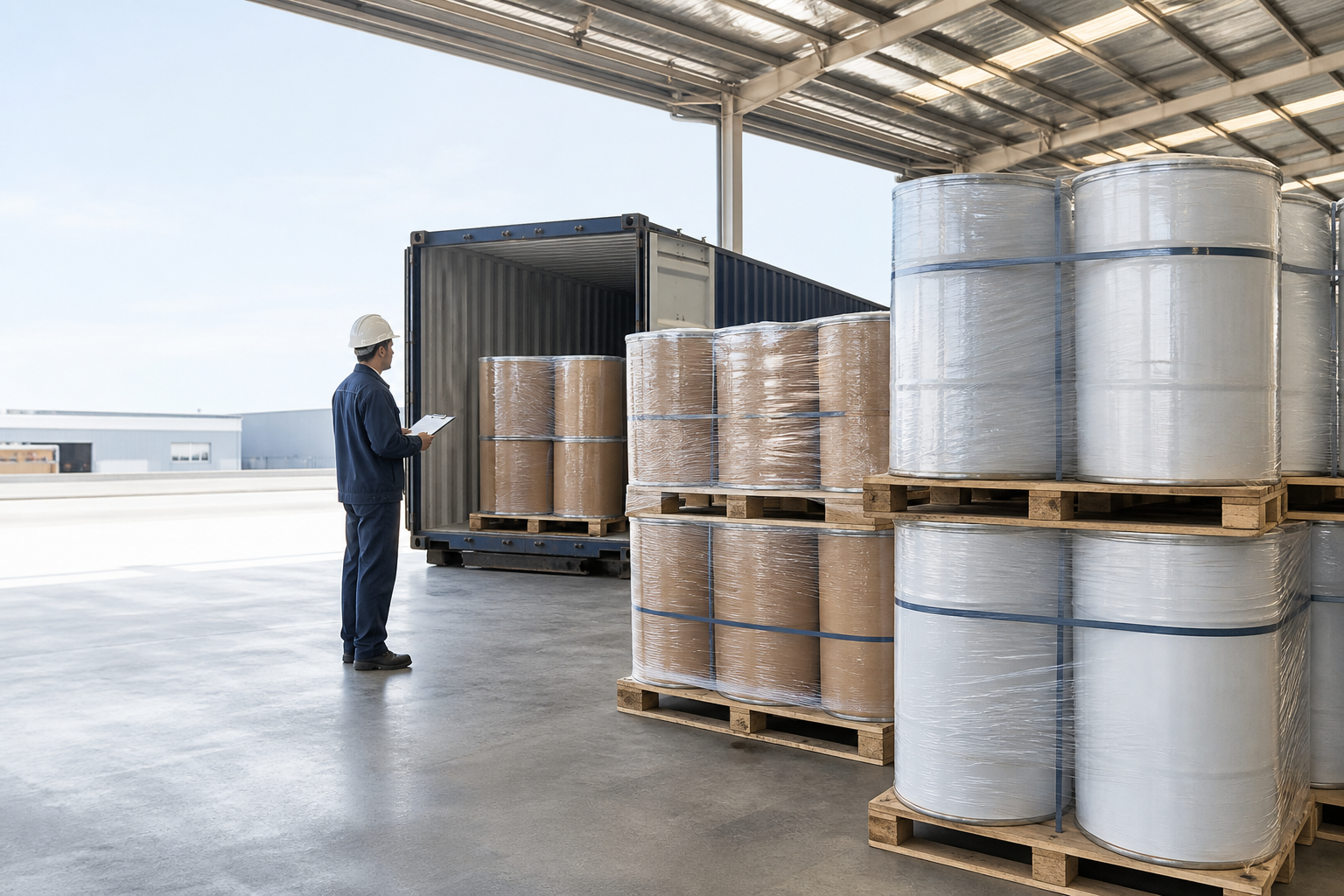 Food-grade ingredient drums prepared for international shipment